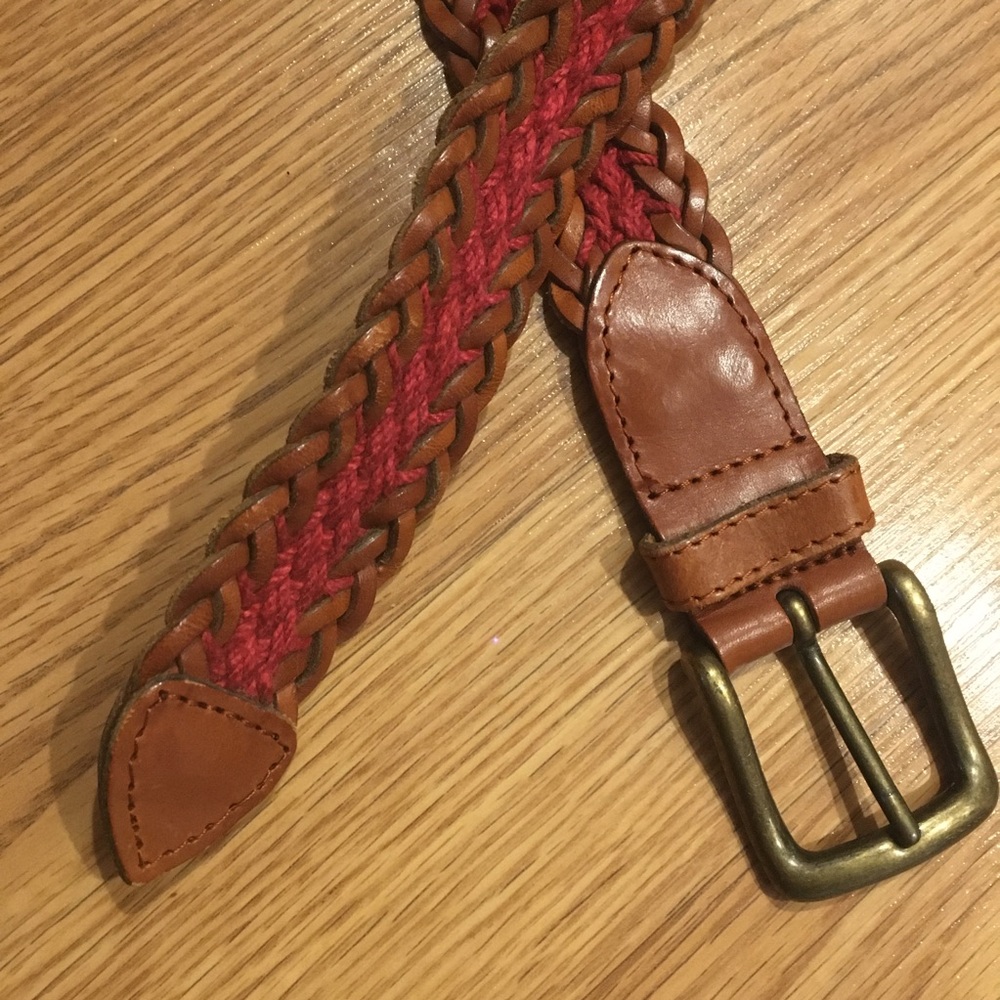 Fossil Unisex Brown Leather & Red Woven Belt sz L‎